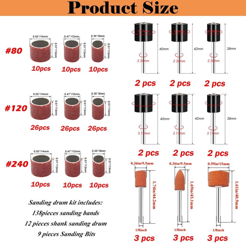 Sunxeke Sanding Drum Set for Dremel Rotary Tools-Includes 138 Aluminum Oxide Drum Sander Sanding Sleeves (80,120,240 Grit),12 Drum Mandrels and 9 Sanding Bits,Sanding Bits Tool Accessories with Box - Image 2